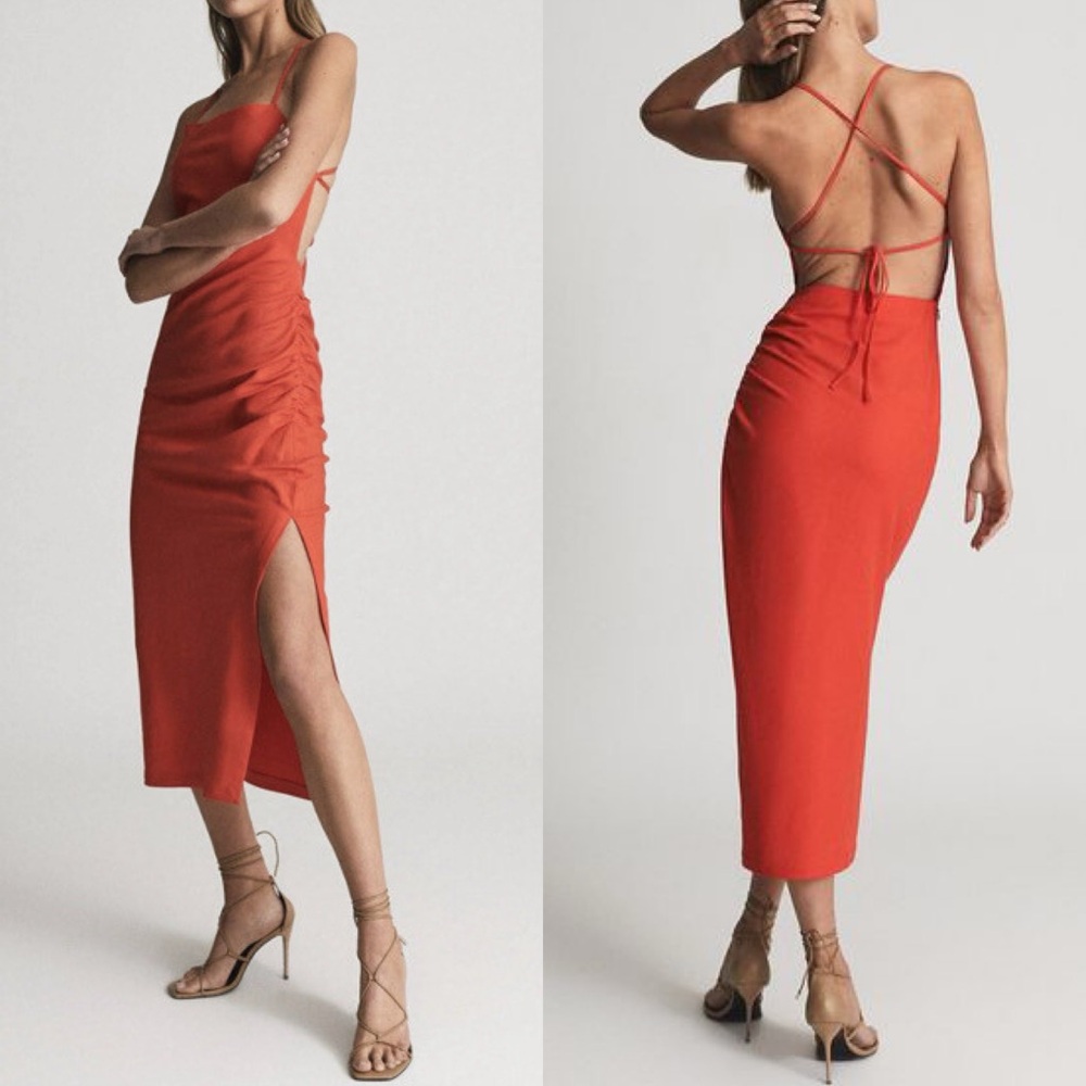 Reiss Khalia Stretch Linen Bodycon Midi Dress Linen Blend Red NEW